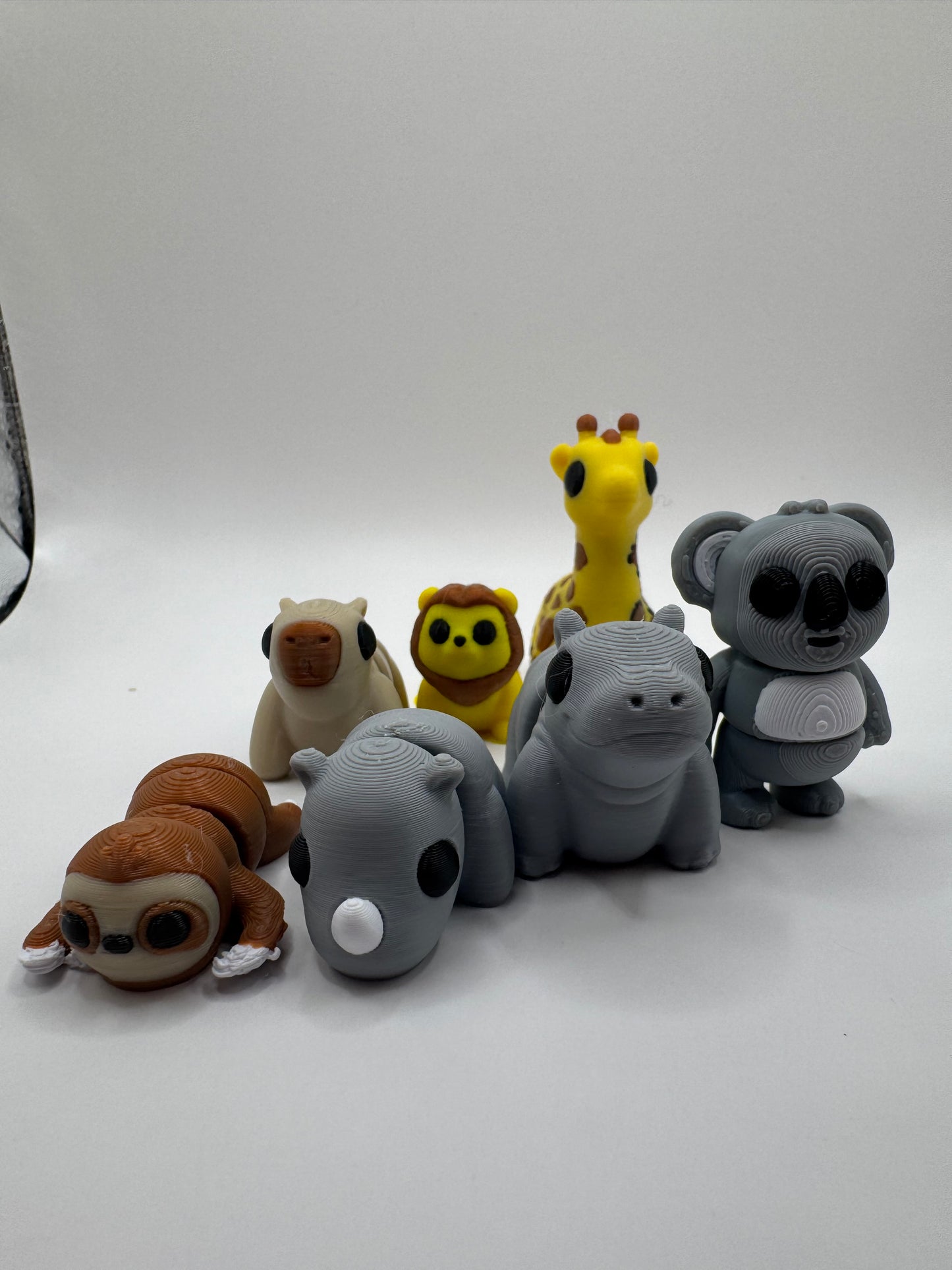 Safari and Jungle Animal Mini Toys – 3D Printed Posable Set with Sloth, Rhino, Koala, Lion, Hippo, Giraffe, Capybara