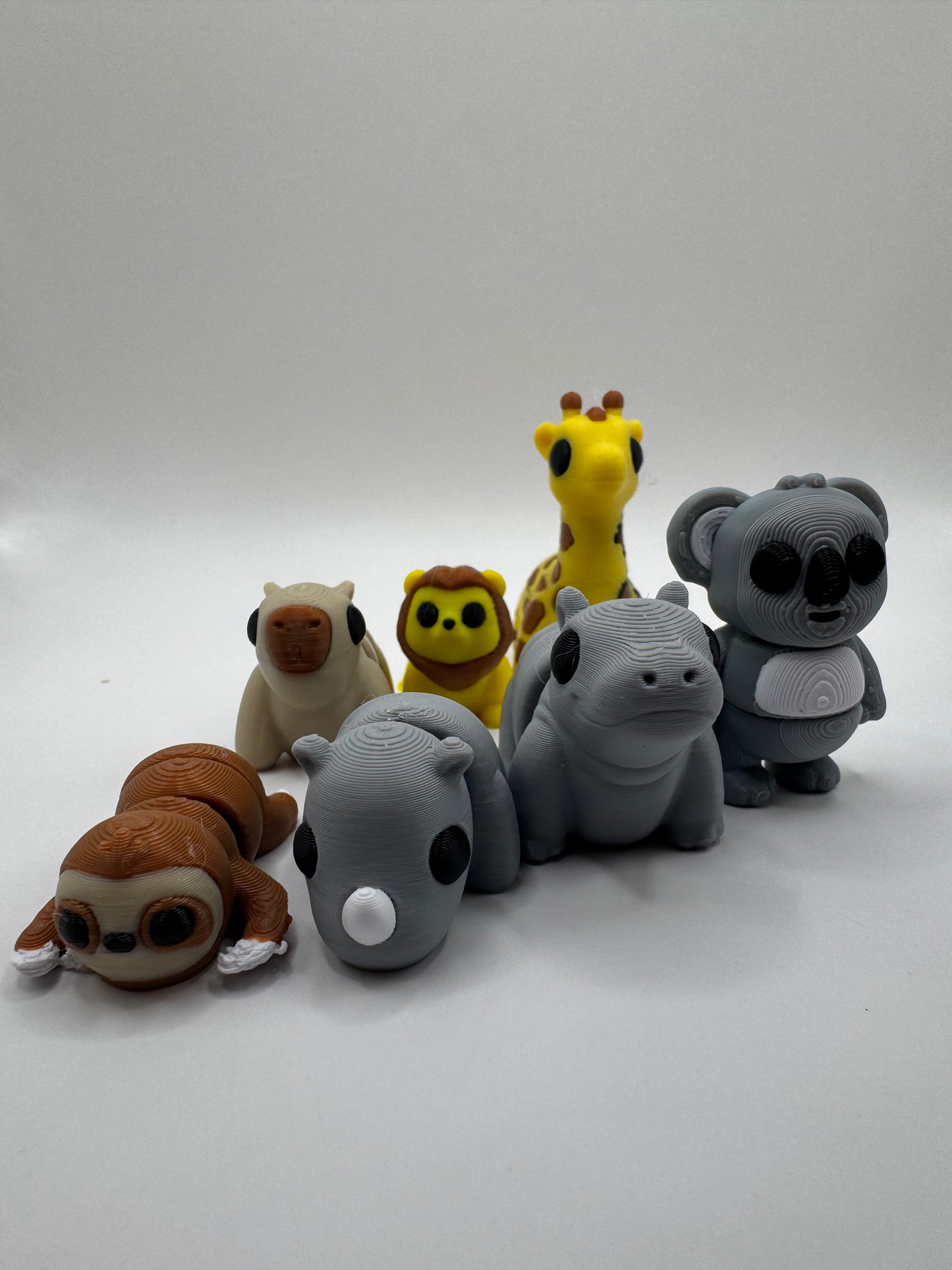 Safari and Jungle Animal Mini Toys – 3D Printed Posable Set with Sloth, Rhino, Koala, Lion, Hippo, Giraffe, Capybara