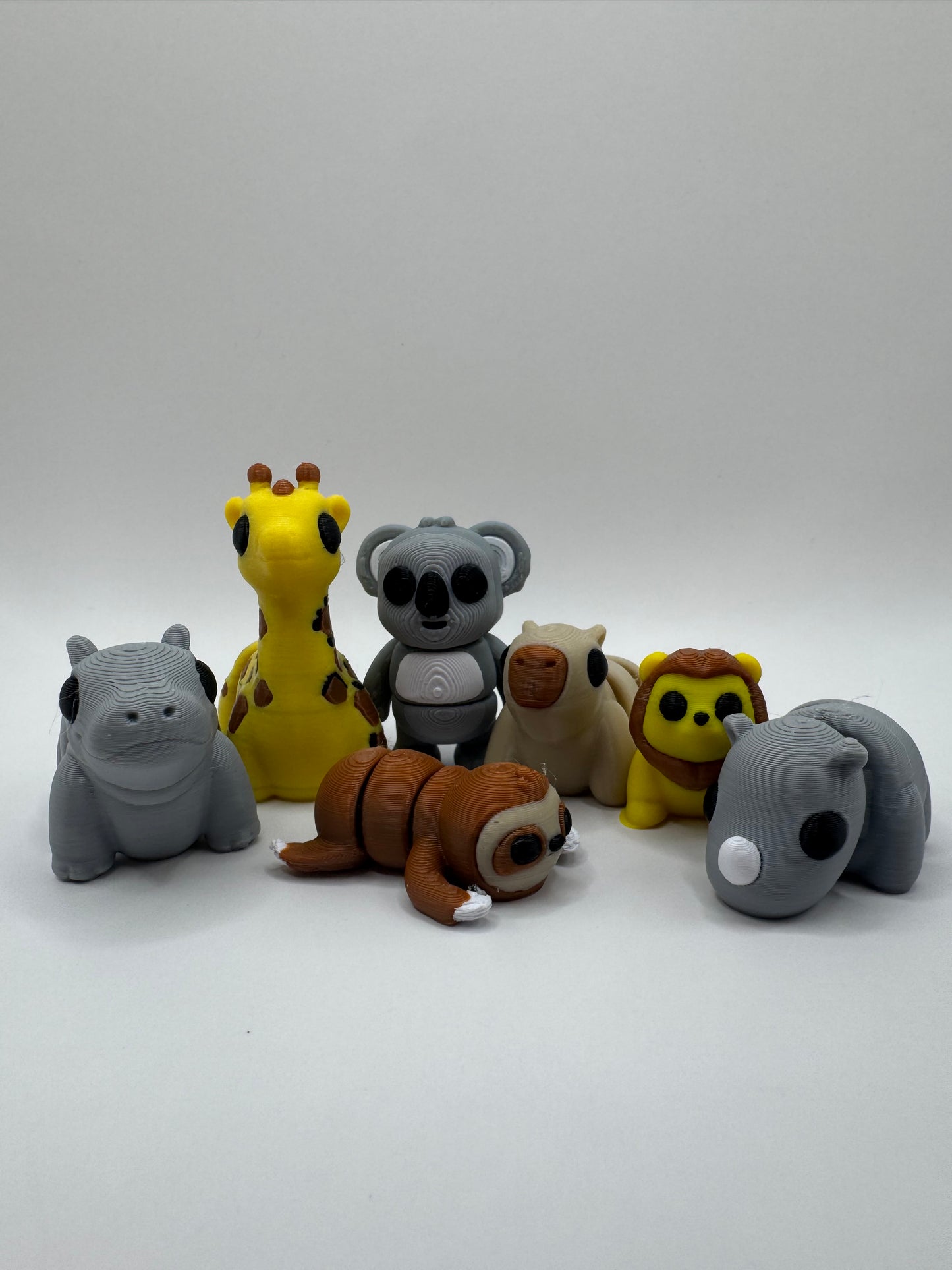 Safari and Jungle Animal Mini Toys – 3D Printed Posable Set with Sloth, Rhino, Koala, Lion, Hippo, Giraffe, Capybara