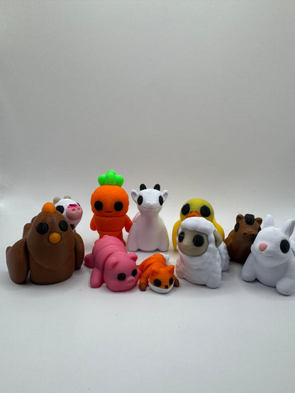 Farm, Fantasy, and Animal Mini Figurines – 3D Printed Posable Toys – Bunny, Pig, Fox, Cow, Sheep, Carrot Person & More