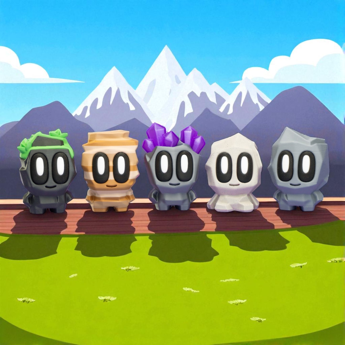 Five cartoon characters with different hairstyles standing on a wooden platform with mountains in the background.