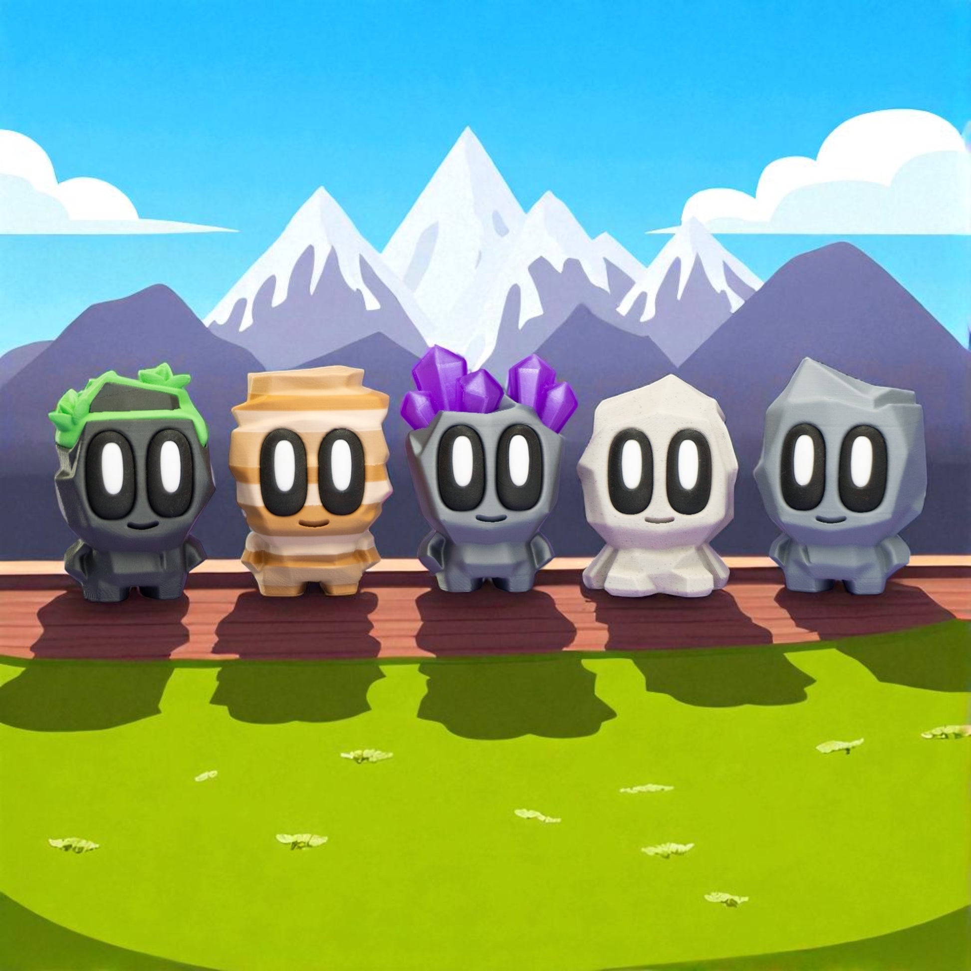Five cartoon characters with different hairstyles standing on a wooden platform with mountains in the background.