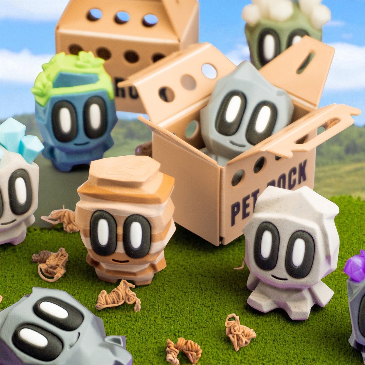 Collection of cartoonish creature figurines with a box labeled 'Pet Rock' on a grassy background.