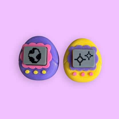 Two vintage-style digital pagers on a pink background