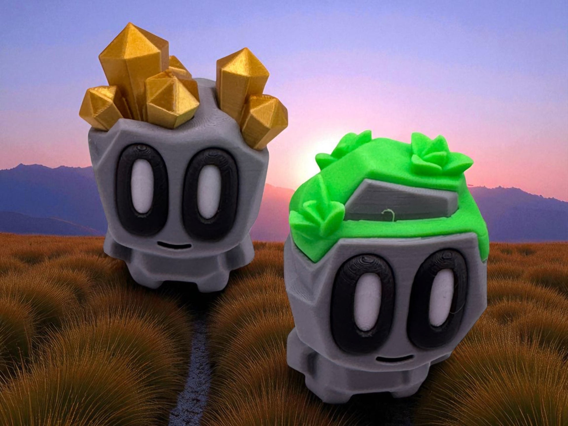 Two cartoon-like characters with gold and green hair respectively, standing in a desert landscape.