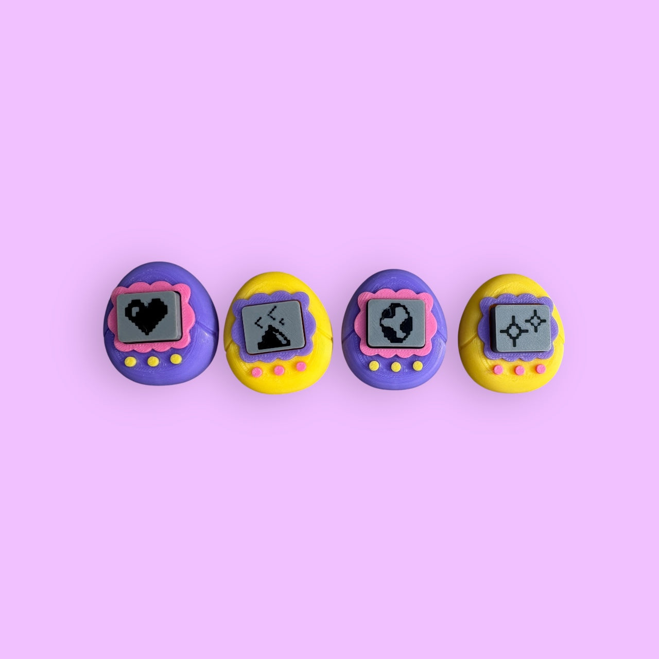 Four vintage-style digital toys on a pink background