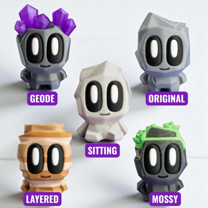 Five different versions of a character figurine with labels on a white background